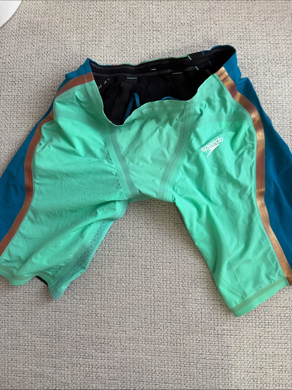 Speedo Men’s Mint Green Swim Jammer with Blue Panels and Gold Trim